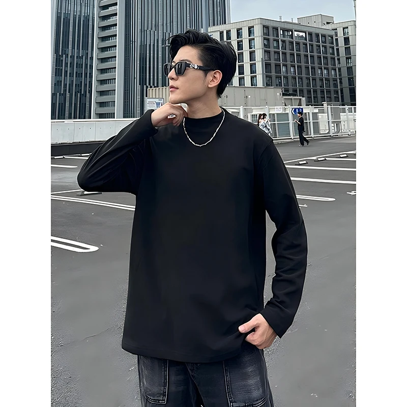 Black Long Sleeve round Neck Base Shirt Men's Winter Fashionable American Style Fleece Lined Sweatshirt Polyester Fiber Breat...