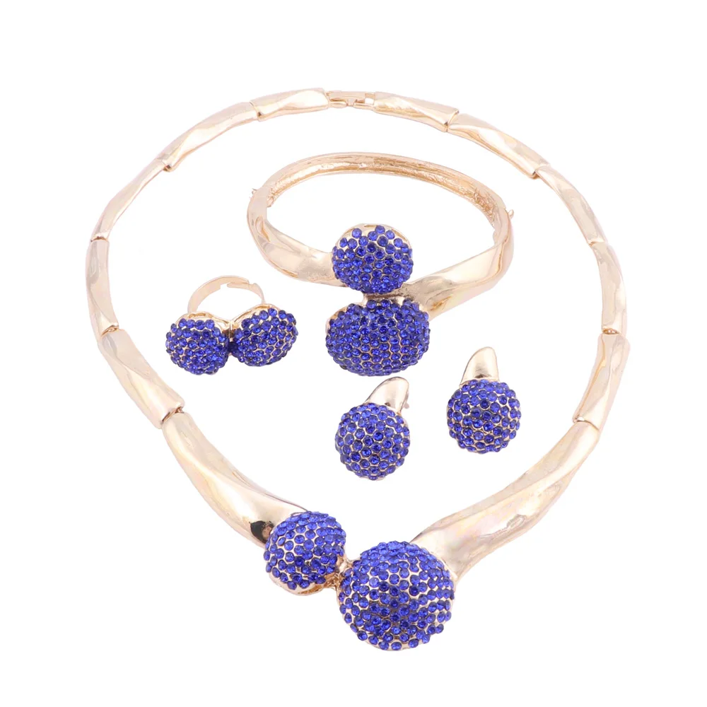 Bridal Jewelry Set Blue Crystal Party Wedding Costume Accessories Gold Color Necklace Earring Bracelet Ring Sets Gifts for Women