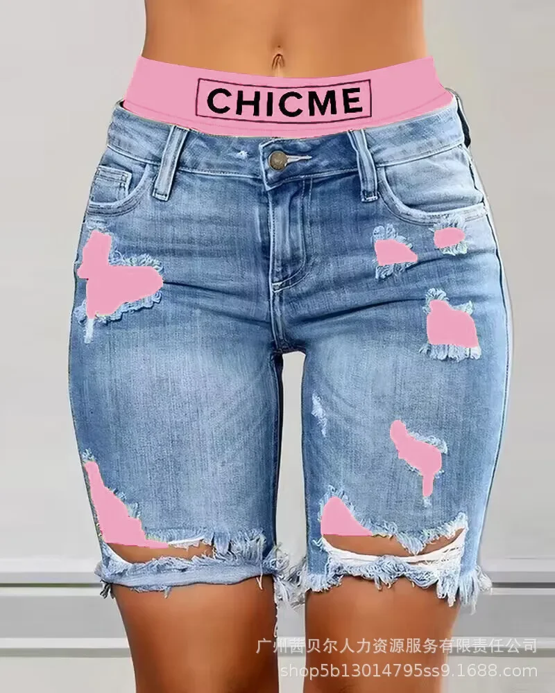 Gefälschte 2-teilige Denim-Shorts für Damen, Sommer, sexy, zerrissene Jeans, Farbblock-Buchstaben-Druck, kurze Jeans, zerrissene, zerrissene