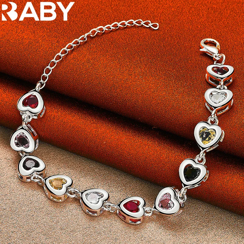 

URBABY 925 Sterling Silver Multicolour Zircon Hearts Bracelets For Women Wedding Engagement Party Gift Lady Fashion Jewelry