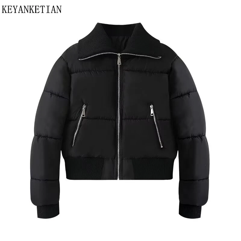 KEYANKETIAN Winter New Women's Collar Zipper Decoration Thread Splicing Slim Fit Cotton Jacket Women Short Jacket