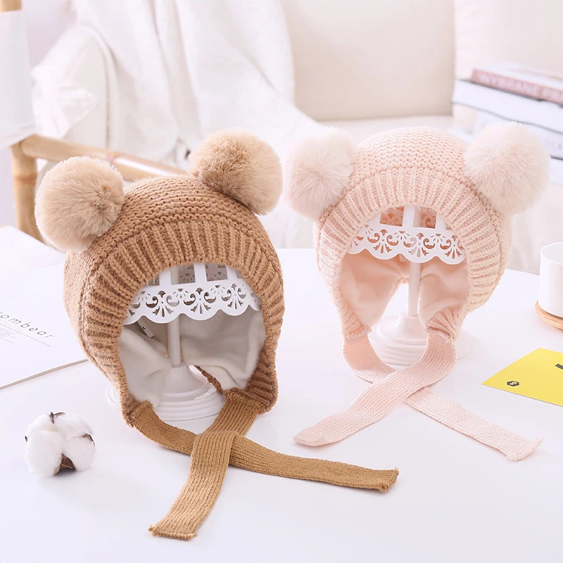 Double Pompom Baby Hat Warm Knitted Kids Girl Boy Autumn Winter Bonnet Hat Solid Color Ear Protection Children Beanie Cap Unisex