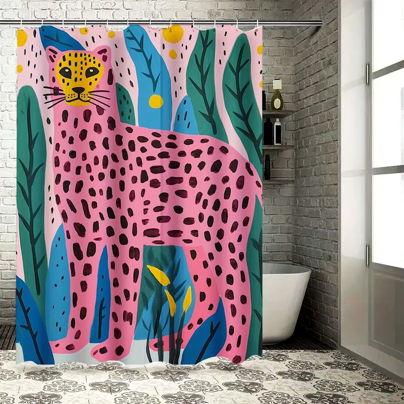 Vibrant Printed Animal Shower Curtain: Leopard Design in Bold Pink with Green Leaves Waterproof Fabric for Bathroom Decorations