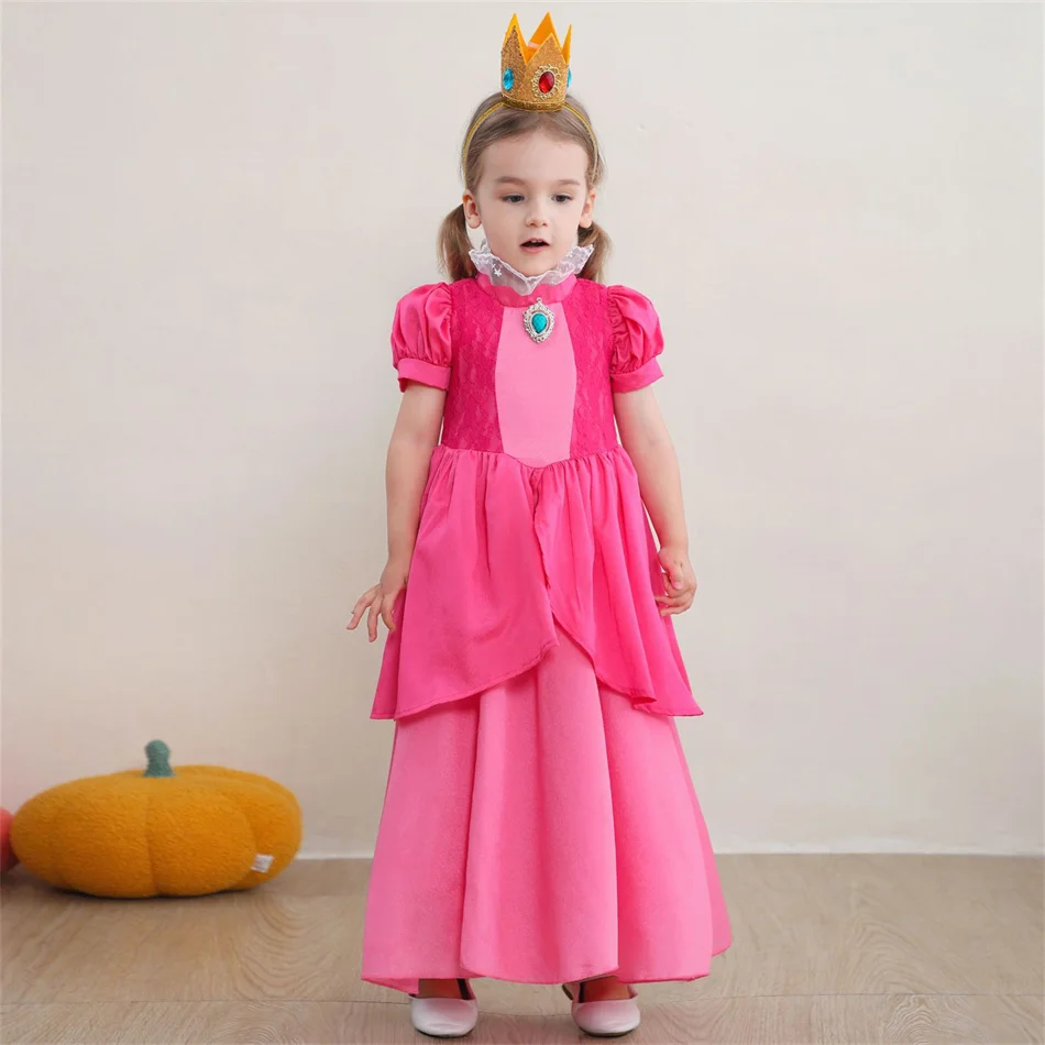Girls Peach Halloween Pink Princess Dress Children Birthday Carnival Xmas Party Costume Kids Cartoon Cosplay Performance Gown