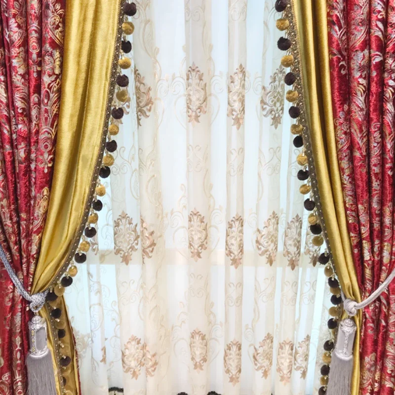 European Style Retro Print Red Gold Curtains For Living Room Bedroom Dining Embroidered Tulle Custom Size Luxury Classic Decor