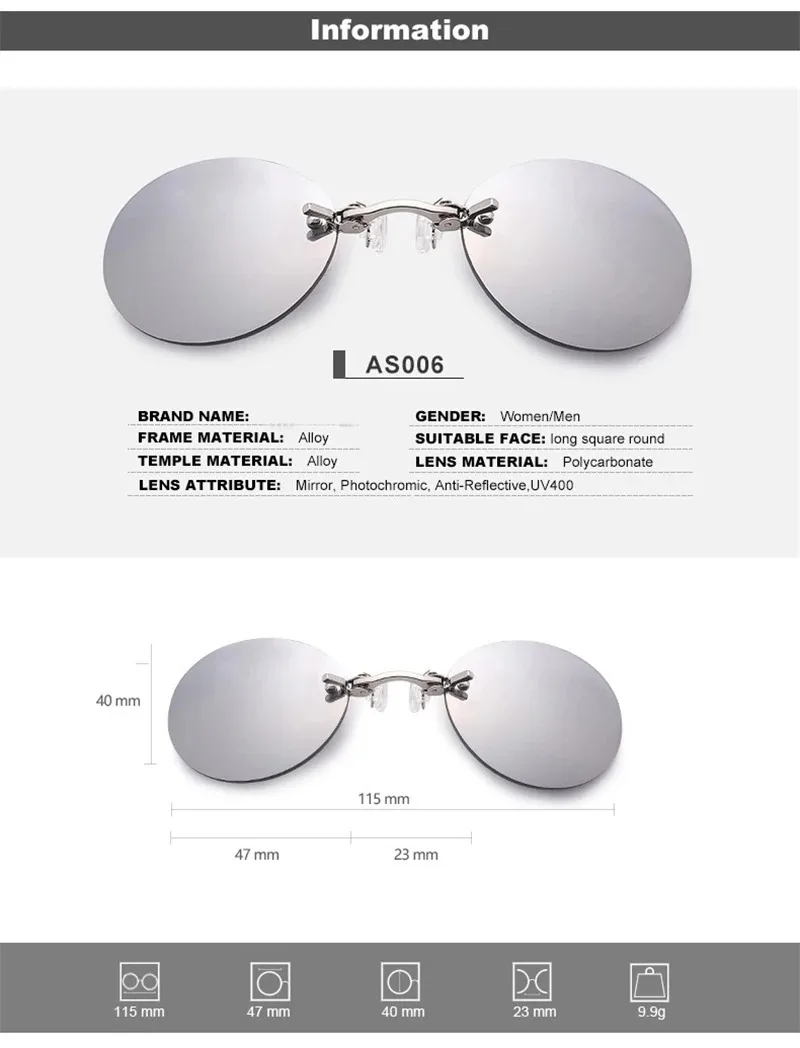Clip On Nose Brille Runde randlose Matrix Morpheus Sonnenbrille Mini rahmenlose Vintage Herren Brillen UV400 – Detail 1