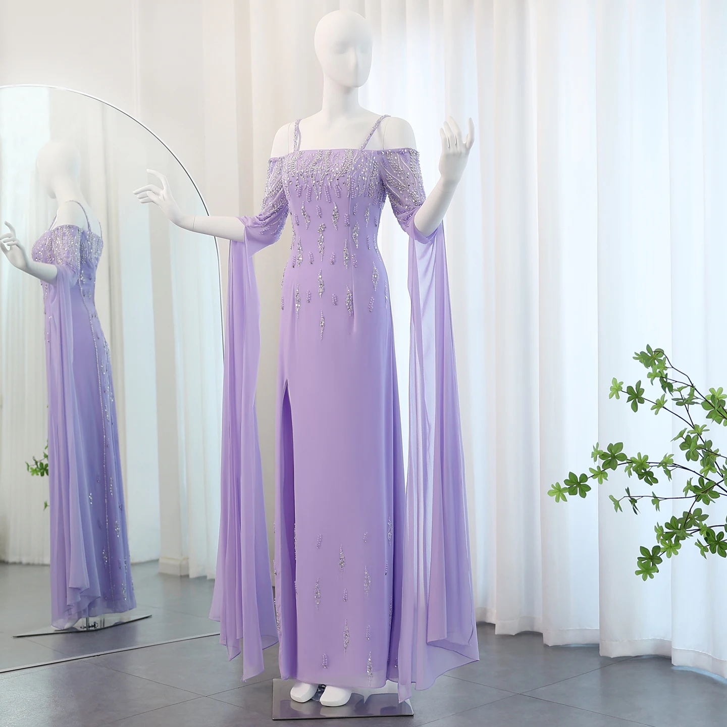 Sharon Said Luxury Dubai Beaded Lilac Mermaid Evening Dress with Cape Sleeves for Wedding Formal Party Gowns SS448 Customized