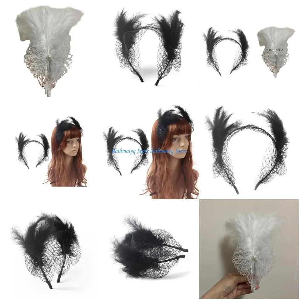 

573B повязка на голову с декором из сетки и перьев для женщин, свадебный обруч для волос в богемном стиле, вечеринка