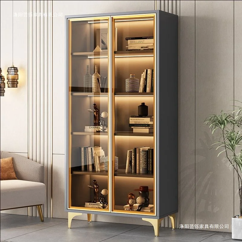 Bookcase with glass door transparent wine cabinet light luxury household living room integrated whole wall multi-layer bookshelf