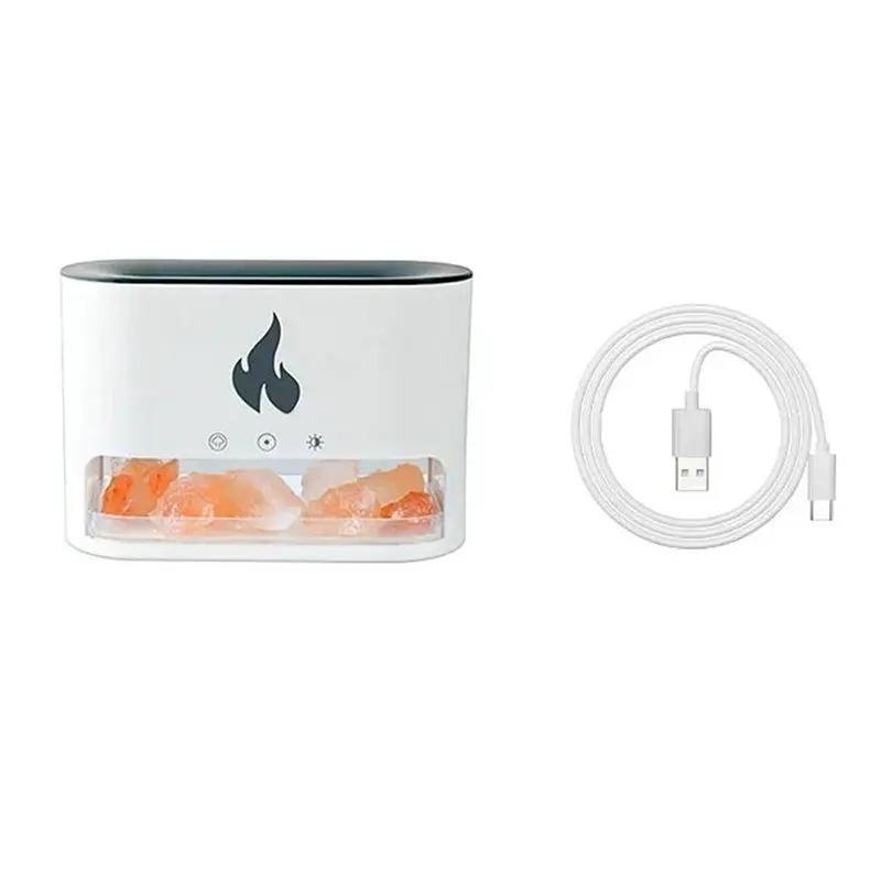 

A74G-Fireplace Humidifier Crystal Salt Rock Fire Lamp 7 Color Flame Aroma Volcano Air Humidifier Essential Oil Diffuser White
