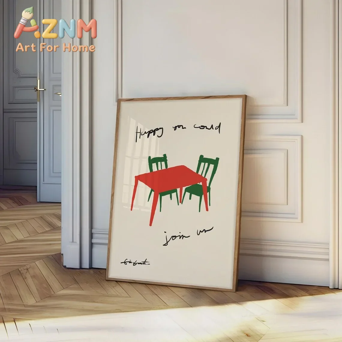 AZNM Frameless Canvas Wall Art Minimal Red Table Green Chairs Sketch Print Handwritten Quote Poster Dining Room Home Wall Decor