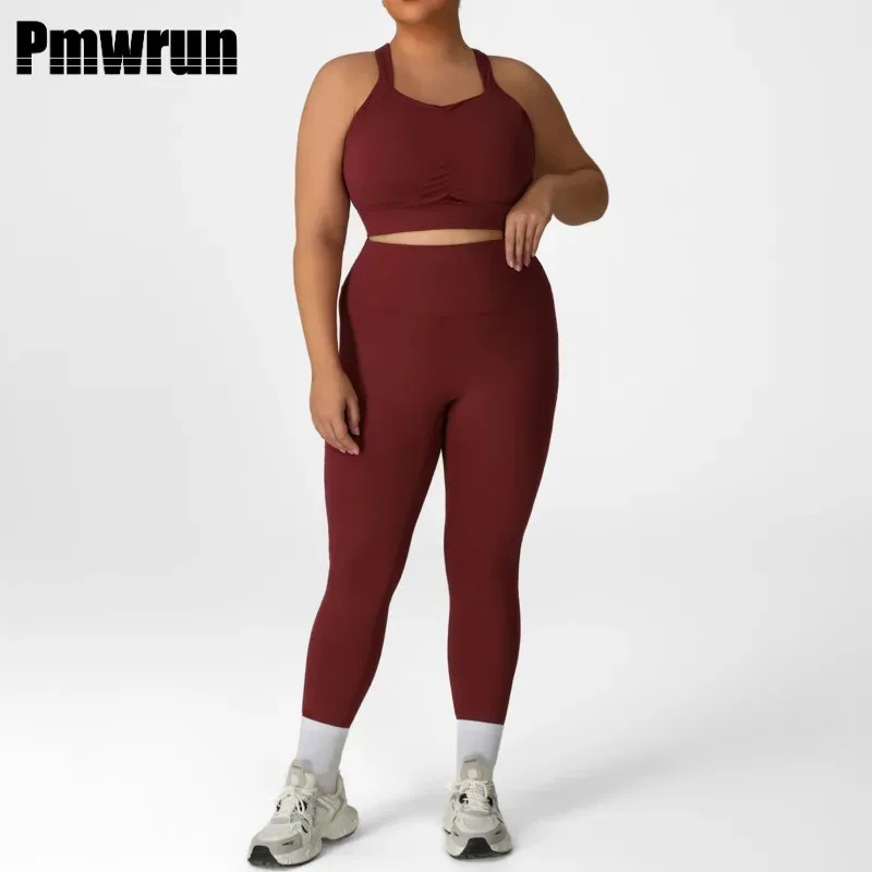 

PMWRUN женский костюм для йоги с высокой талией, обтягивающий живот, бюстгальтер и леггинсы, спортивный комплект для фитнеса на открытом воздухе, от 75 до 150 кг