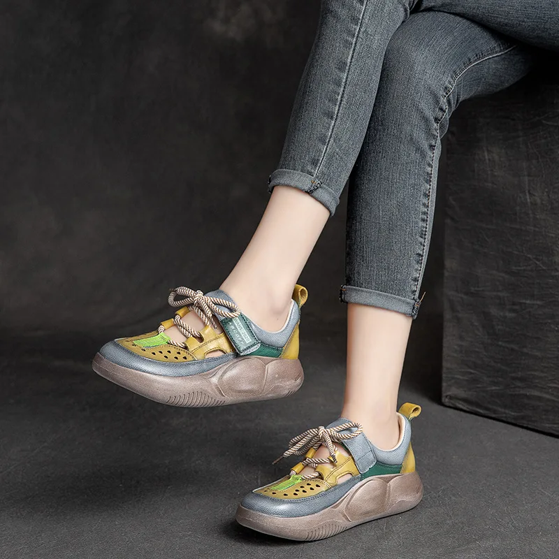 GKTINOO Hook & Loop Shoes Women Sneakers Genuine Leather Mixed Colors 2024 New Handmade Comfortable Retro Platform Sneakers