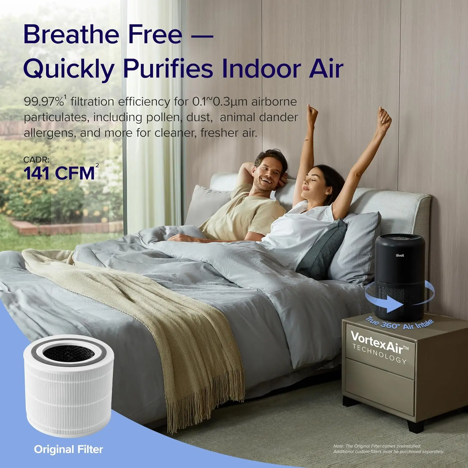 Air Purifier for Home Allergies Pets Hair in Bedroom, Covers Up to 1095 ft² by 45W High Torque Motor, 3-in-1 Filter with HEPA Sl