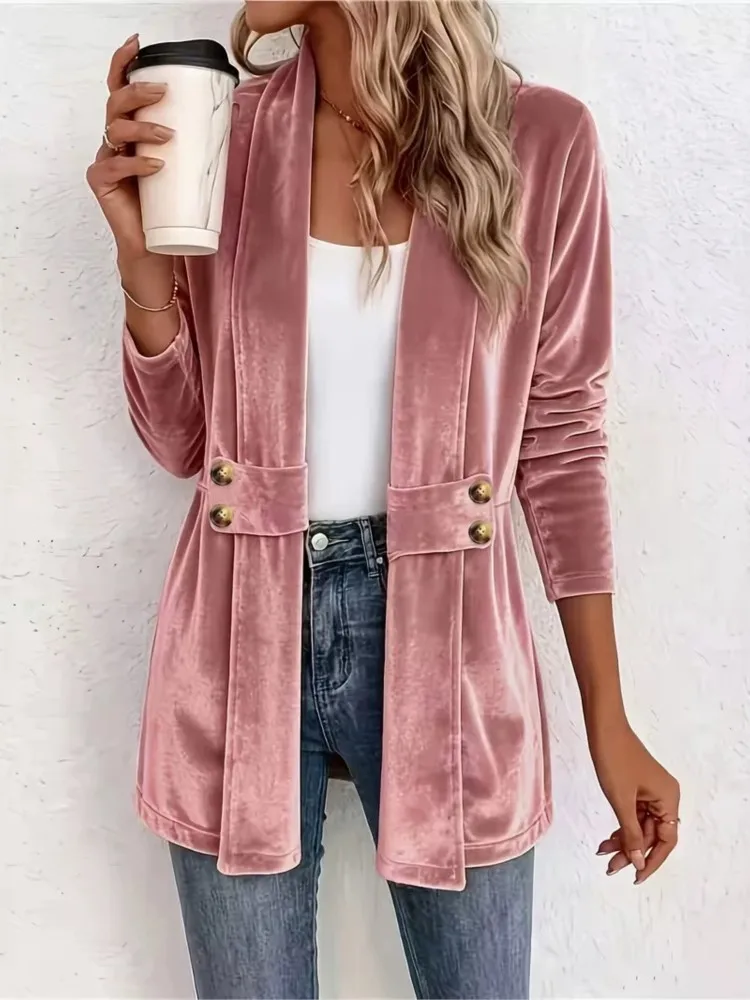 Women Open Front Long Sleeve Cardigan Coat Lapel Collar Decorative Buttons Slim Outerwear For Daily Office Auutmn Casual Coats