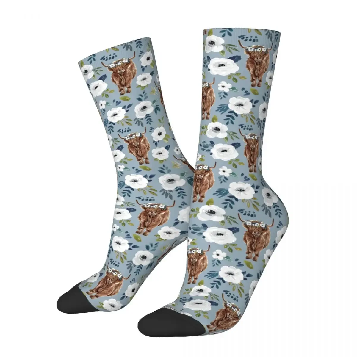 Blue Highland Cow Floral Socks Harajuku Sweat Absorbing Stockings All Season Long Socks Accessories for Man's Woman's Gifts