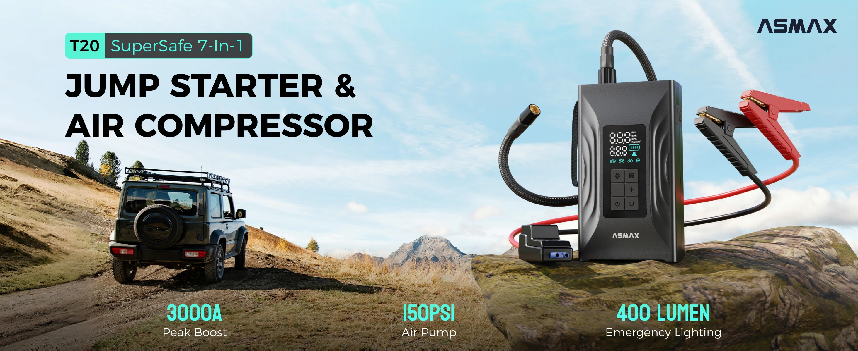 ASMAX T20 3000A Tragbarer Auto-Batterie-Starthilfegerät 150PSI Reifenfüller Luftkompressor Notstromversorgung für 12V-Fahrzeuge USB-C-Ladung – Detail 1