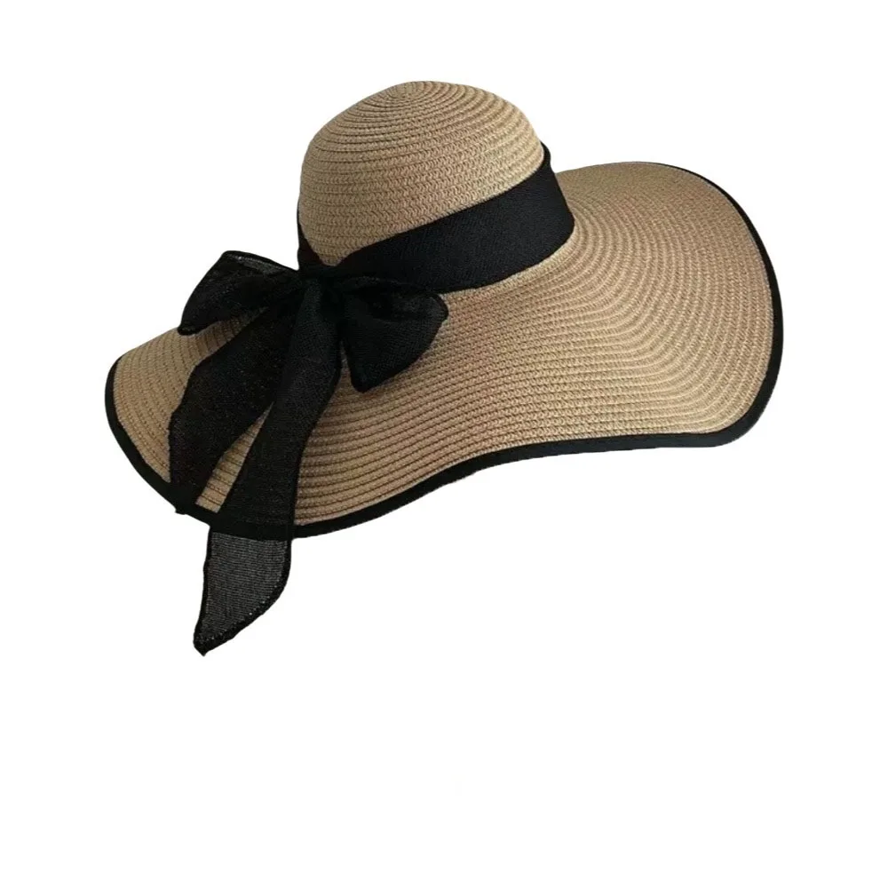 

Casual Wide Brim Straw Sun Hat Oversize Bowknot Ribbon Weave Sun Cap Visor Sunscreen Sun Protection Hat Woman