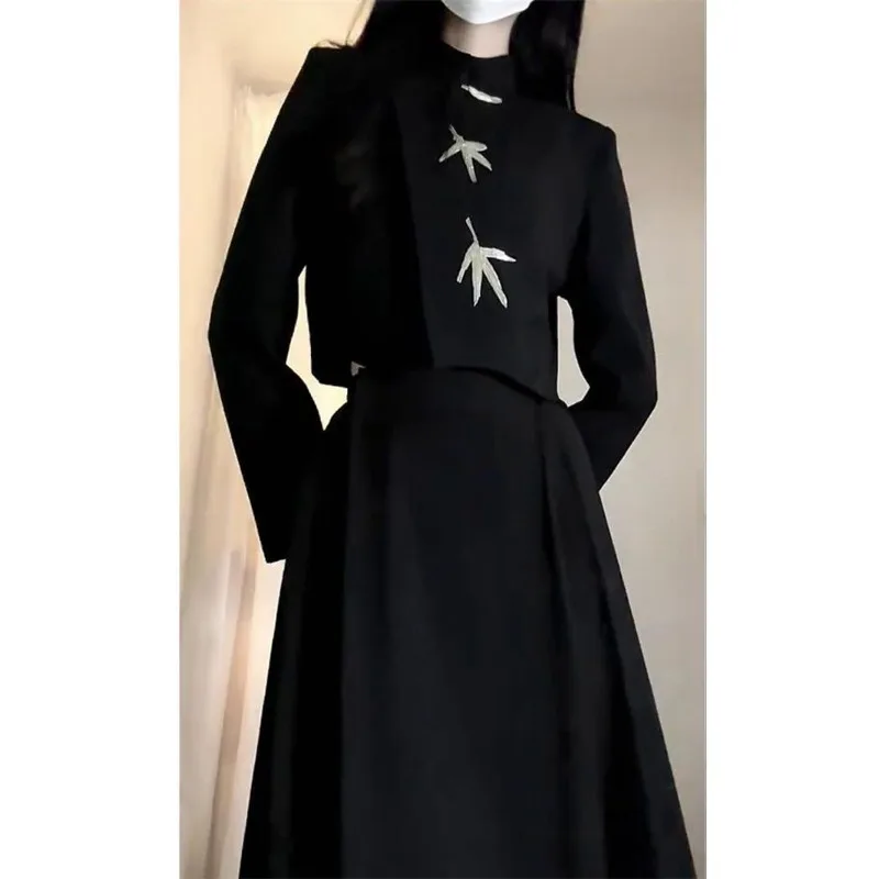 Lnsozkdg Two Piece Set Chinese Traditional Dress Modern Hanfu Elegant Women Dress Sets Solid Color Long Sleeves Black Skirt Suit