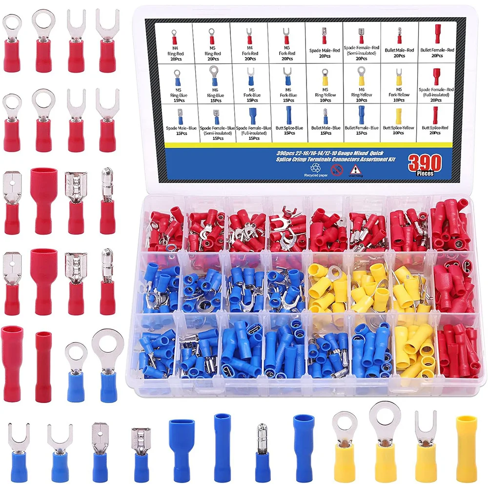 390pcs 22-16/16-14/12-10 Gauge Quick Disconnect Electrical Insulated Butt Bullet Spade Fork Ring Crimp Terminals Connectors Kit