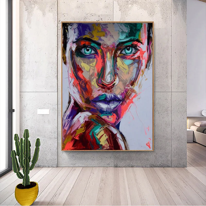 Hand Drawn Fauvist Woman Face Oil Painting, Heavy Palette Knife Bright Tone Abstract Portrait Tall Canvas Urban Interior Artwork
