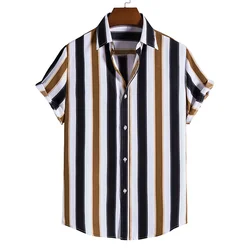 Camisa de manga curta estampada listra havaiana masculina, botão de lapela, roupa de rua grande, blusa social casual, moda verão