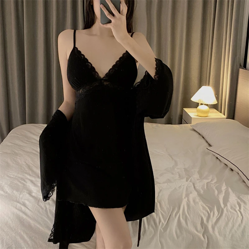 Summer Thin Modal Pajamas Two piece set of Sling Dress and Robe Brief Solid Color Nightgown Sexy V-neck Home Clothing for Women