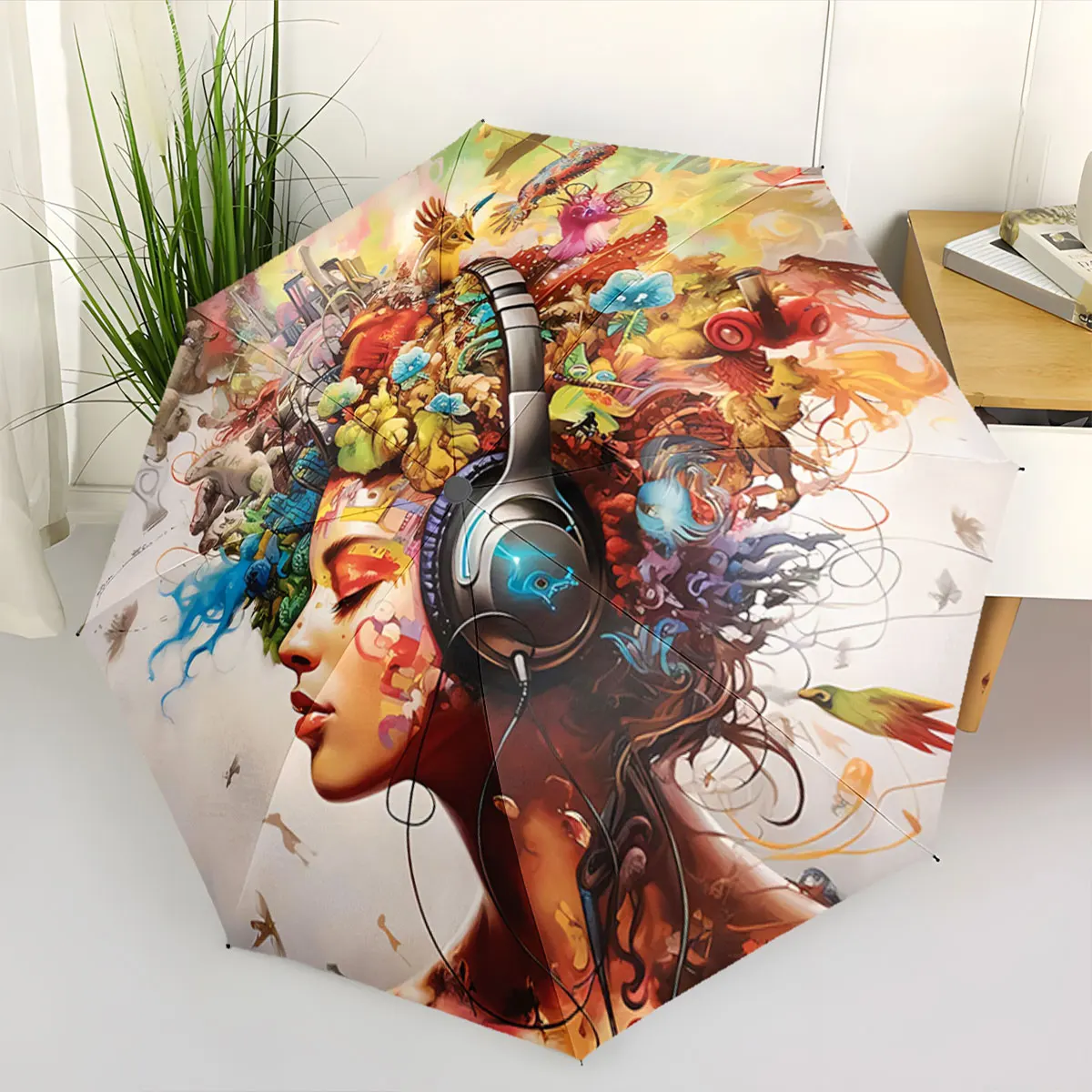 Colorful Artistic Headphone Design With Vibrant Imagery portable waterproof sun rain umbrella for outdoor travel beach