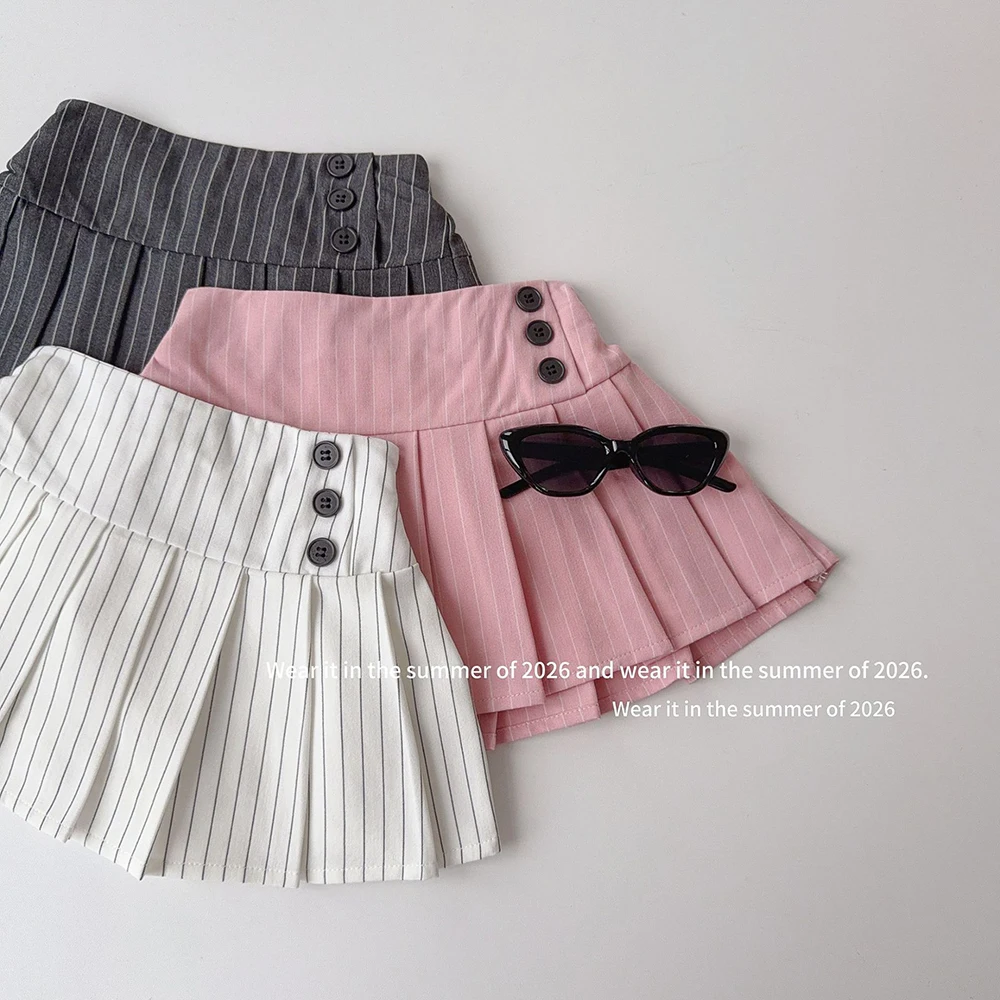 Kids Summer Striped Skirt Preppy Style Vertical Pinstripe Pattern Pleated Skirts for Girls 2026 Casual Children Pleated Skirt