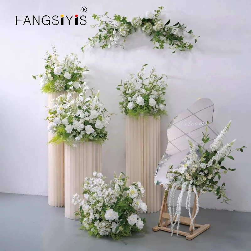 

White Rose Green Leaves Artificial Flower Ball Road Lead Floor Floral Wedding Welcome Sign Decor Hang Flowers Party Props decor