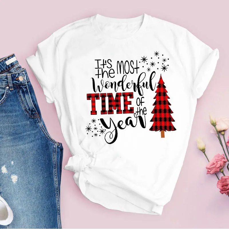 Merry Christmas Christmas Tree Retro Simple Loose Crew Neck T-shirt Short Sleeve T-shirt Woman Oversized T Shirt  Harajuku