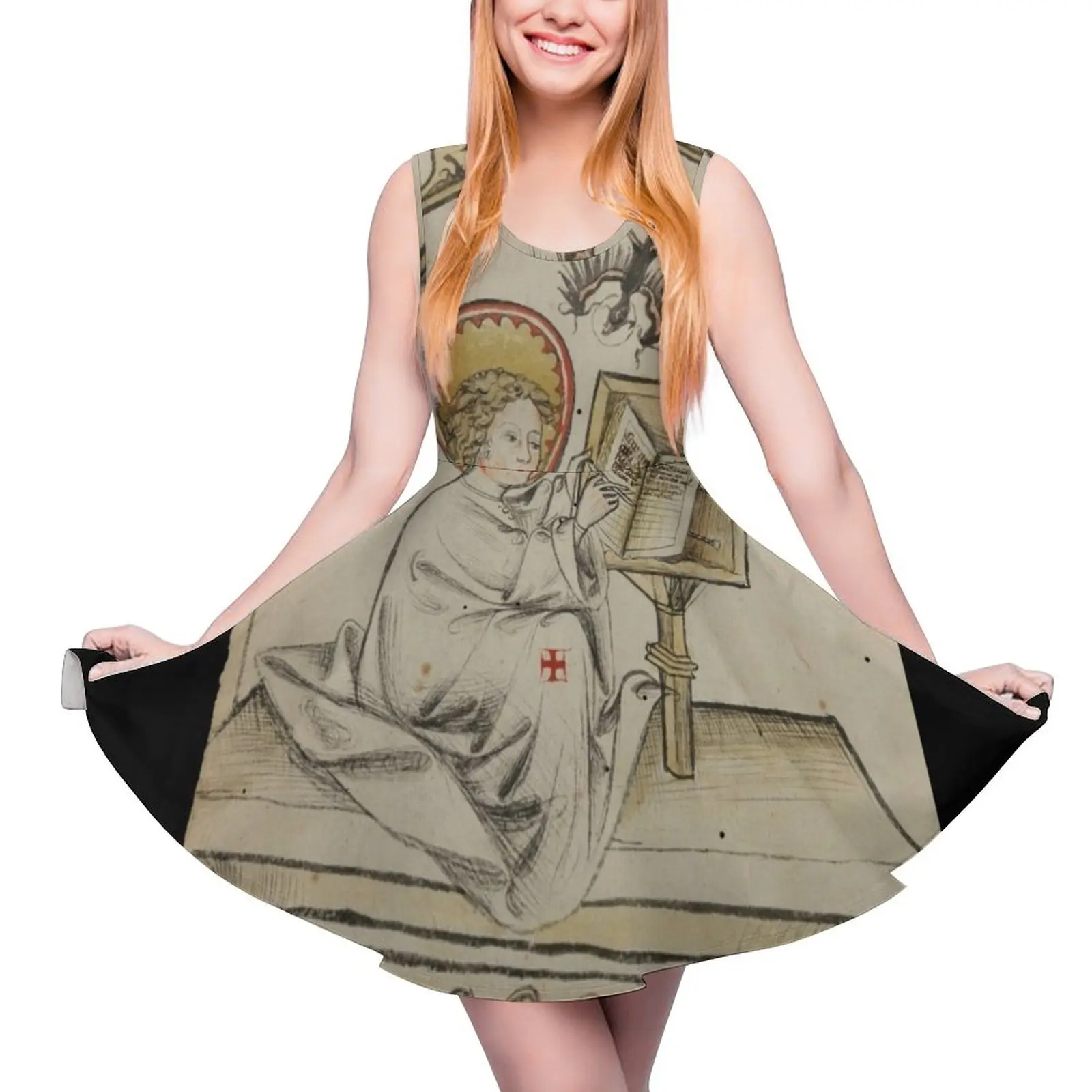 

Evangelist portrait of St. John in a medieval manuscript Sleeveless Dress women evening dress