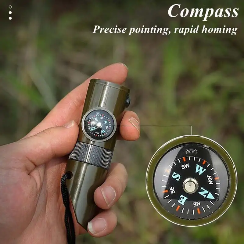 7 in 1 Outdoor Emergency Survival Tool Compass Whistle Magnifier Thermometer Flashlight Storage Organizer for Camping Hiking