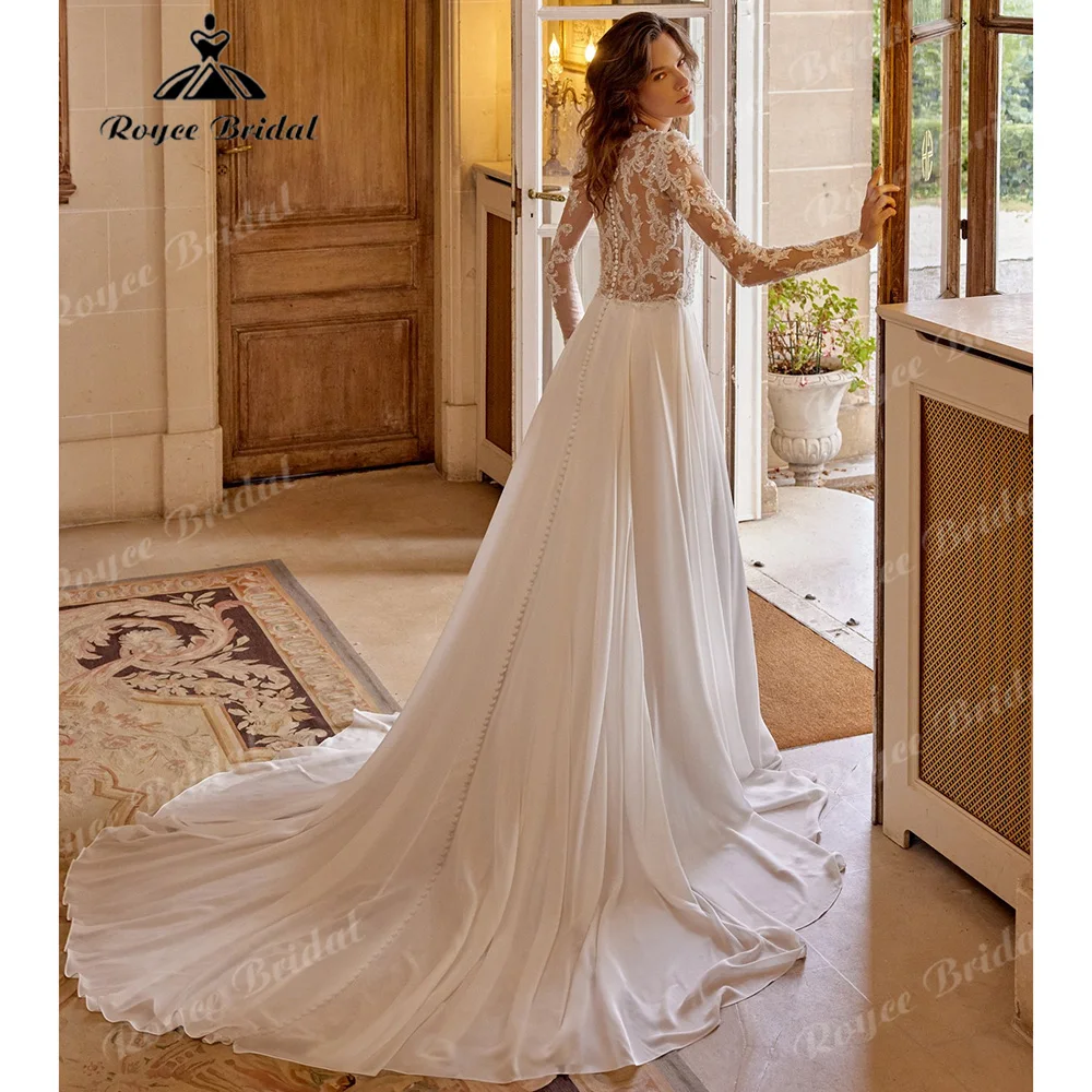 2027 Roycebridal Boho A‑Line Wedding Dress Long Lace Sleeves Sweetheart Neck Chiffon Bridal Gown With High Slit Customized