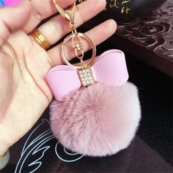 Cute Fluffy Pompom Keychains Rhinestone Pu Leather Bow Keyring Handbag Pendant Accessorie Waist Hanging Car Motorcycle Trinket