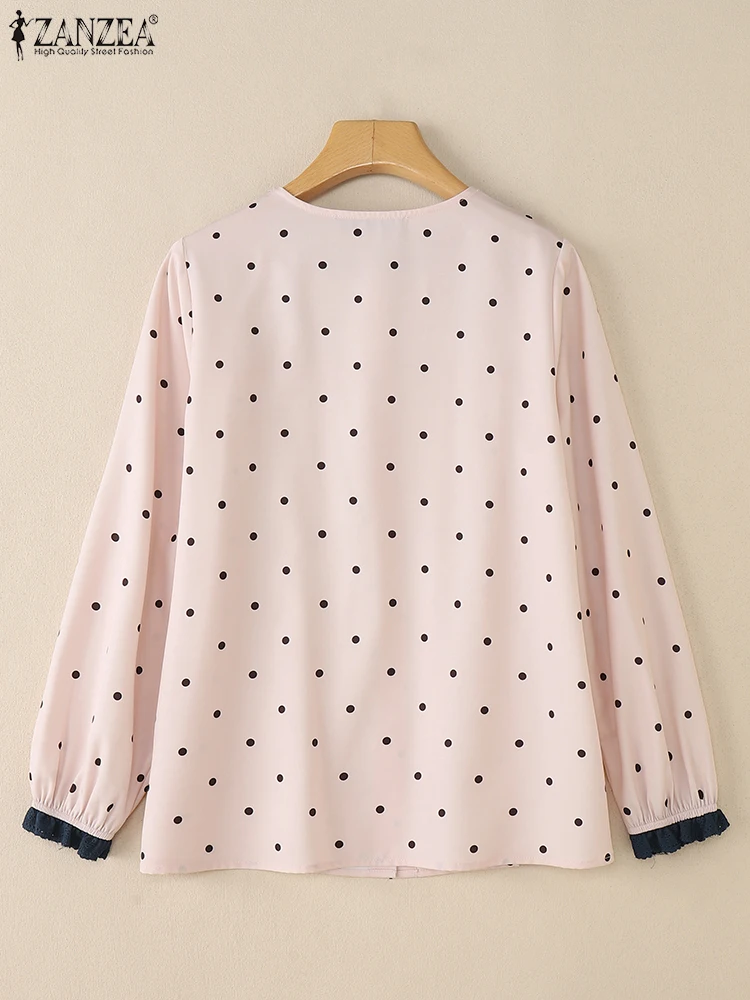 ZANZEA Moda Polka Dots Camicie Donna Colletto alla Peter Pan Bottoni Coreano Dolce Camicetta Elegante Office Lady Manica lunga Top Casual
