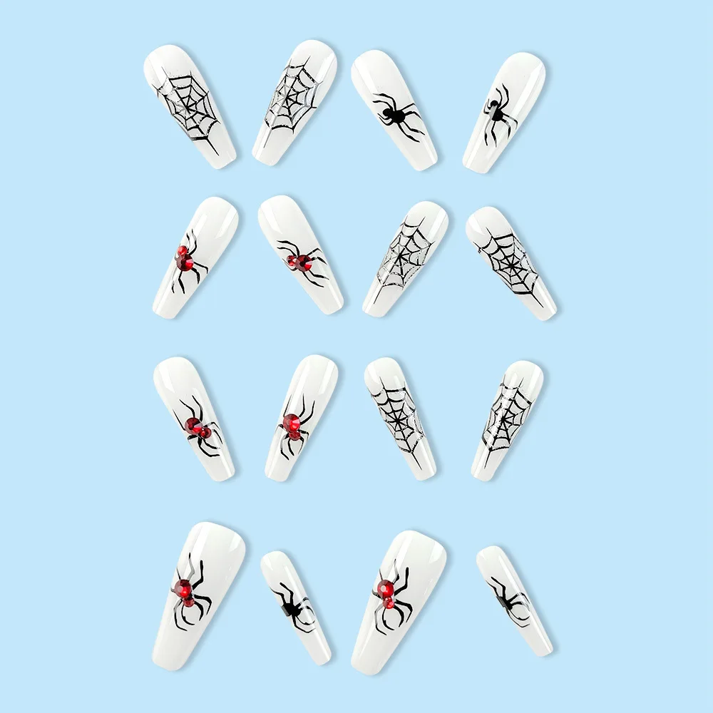 Halloween Acrylic Fake Nail With Glue Spider Web Patterns Pess On False Nails Tips For Party Woman DIY Manicure Accessory 3