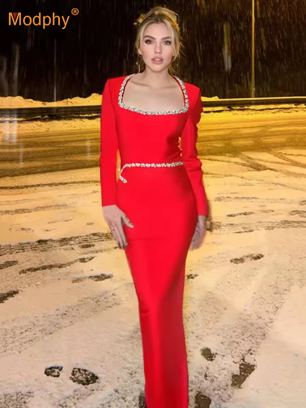 Modphy Women's Sexy Diamond Square Collar Bandage Dress Long Sleeve Bodycon Red Maxi Sexy Elegant Celebrity Evening Party Gowns