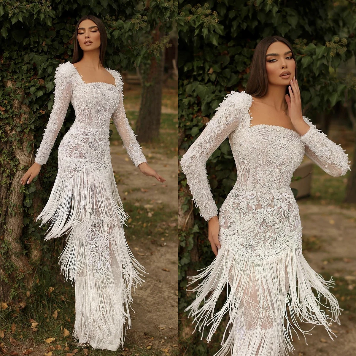 

Charming Mermaid Wedding Dresses Square Neckline Beads Appliques Bridal Pleat Sweep Train Long Sleeves Customized Robe De Mariée
