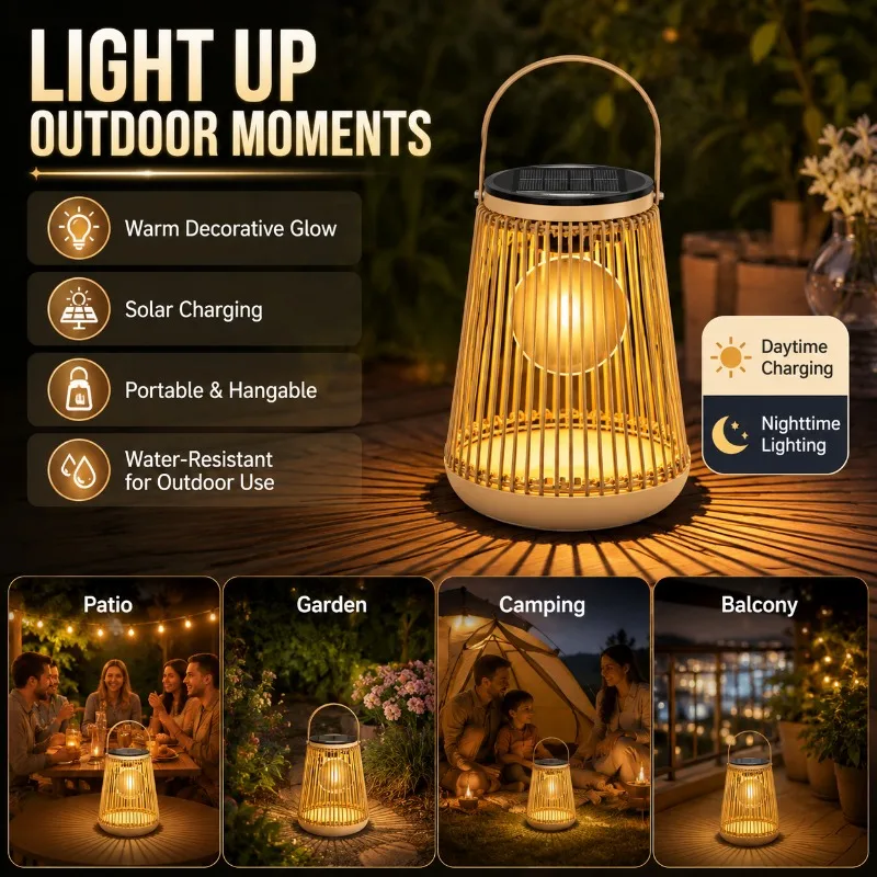 Solar Rattan Lantern Outdoor Waterproof Hanging Lamp Warm LED Garden Patio Courtyard Camping Yard Decorative Light with Handle