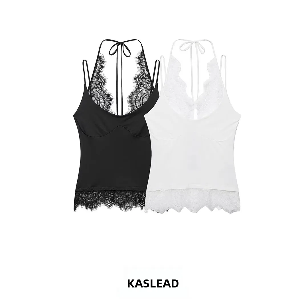 KASLEAD New Women's Lace Patchwork Collarless Top Fashionable Polyester Fiber Slim Fit Outerwear for Autumn Season