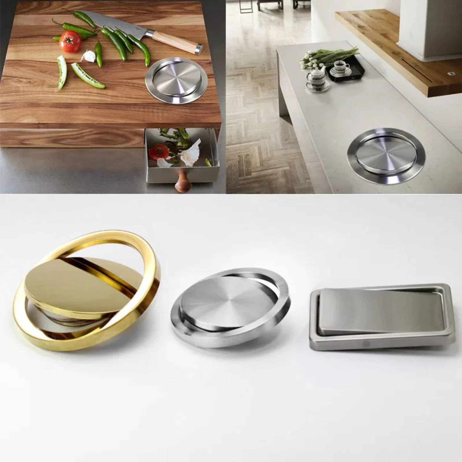 Modern and sleek compact stainless steel recessed swing flap lid trash bin for integrated use in kitchen countertops. Durable pr