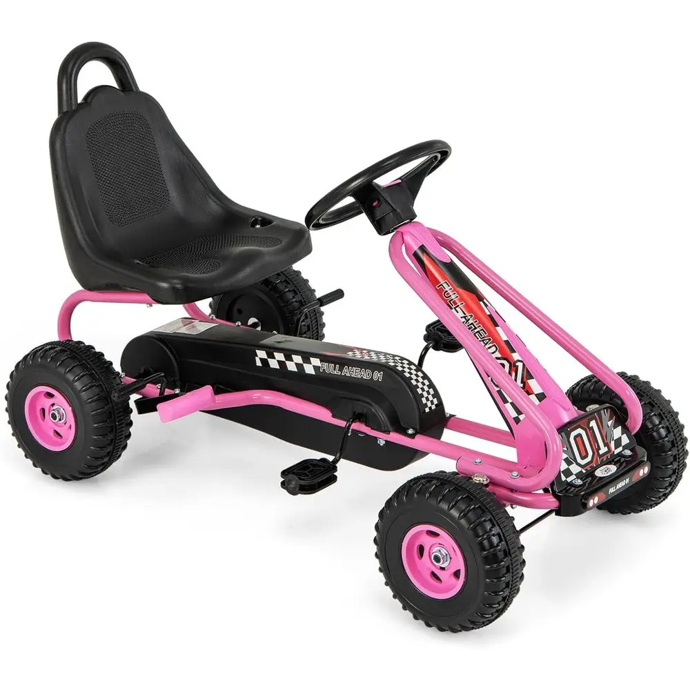 

Pink Go Kart for Kids, 4 Wheel Pedal Powered Go Cart with Steering Wheels & Adjustable Seat, Safety Hand Brake, Non-Sl