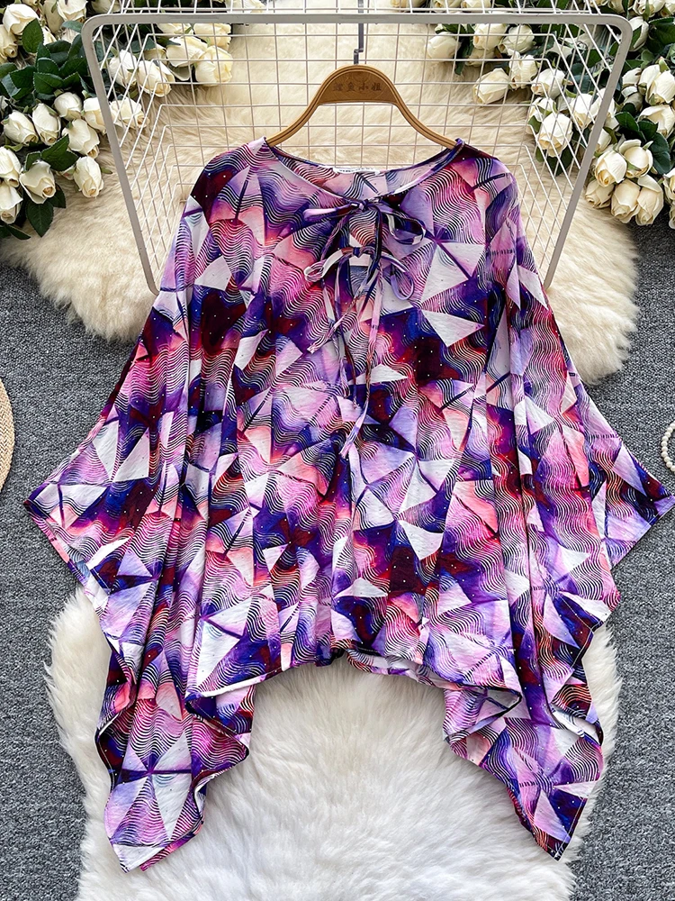 

Women Chiffon Blouse Spring Autumn European O-Neck Lace-up Batwing Sleeve Rhinestone Printed Shirt Loose Pullover Top BL301