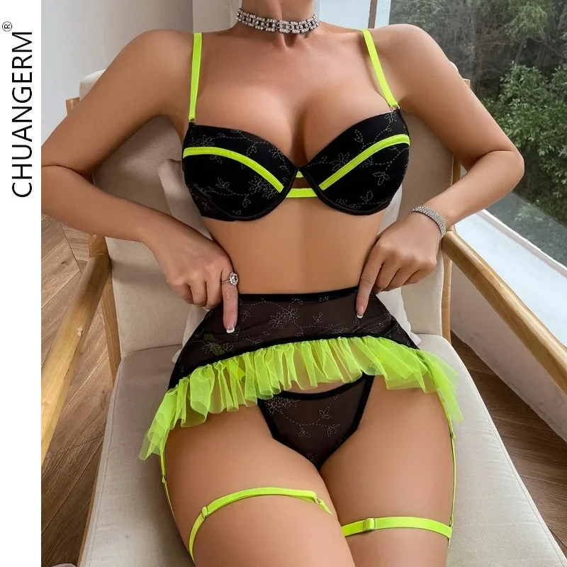 

CHUANGERM Hot Sexy Lingerie Top Women See-through Mesh Sleepwear Bra Set Women's Panties Garters Female Underwear Pijama Briefs