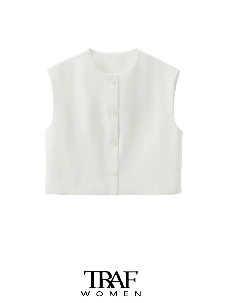 TRAF-Front Button Cropped Waistcoat for Women, O Neck, Sleeveless, Female Outerwear, Chic Tops, Fashion