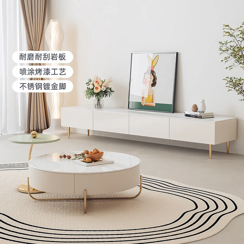 Meuble TV moderne et simple en dalle de roche, combinaison de table basse, salon minimaliste italien, petit appartement blanc