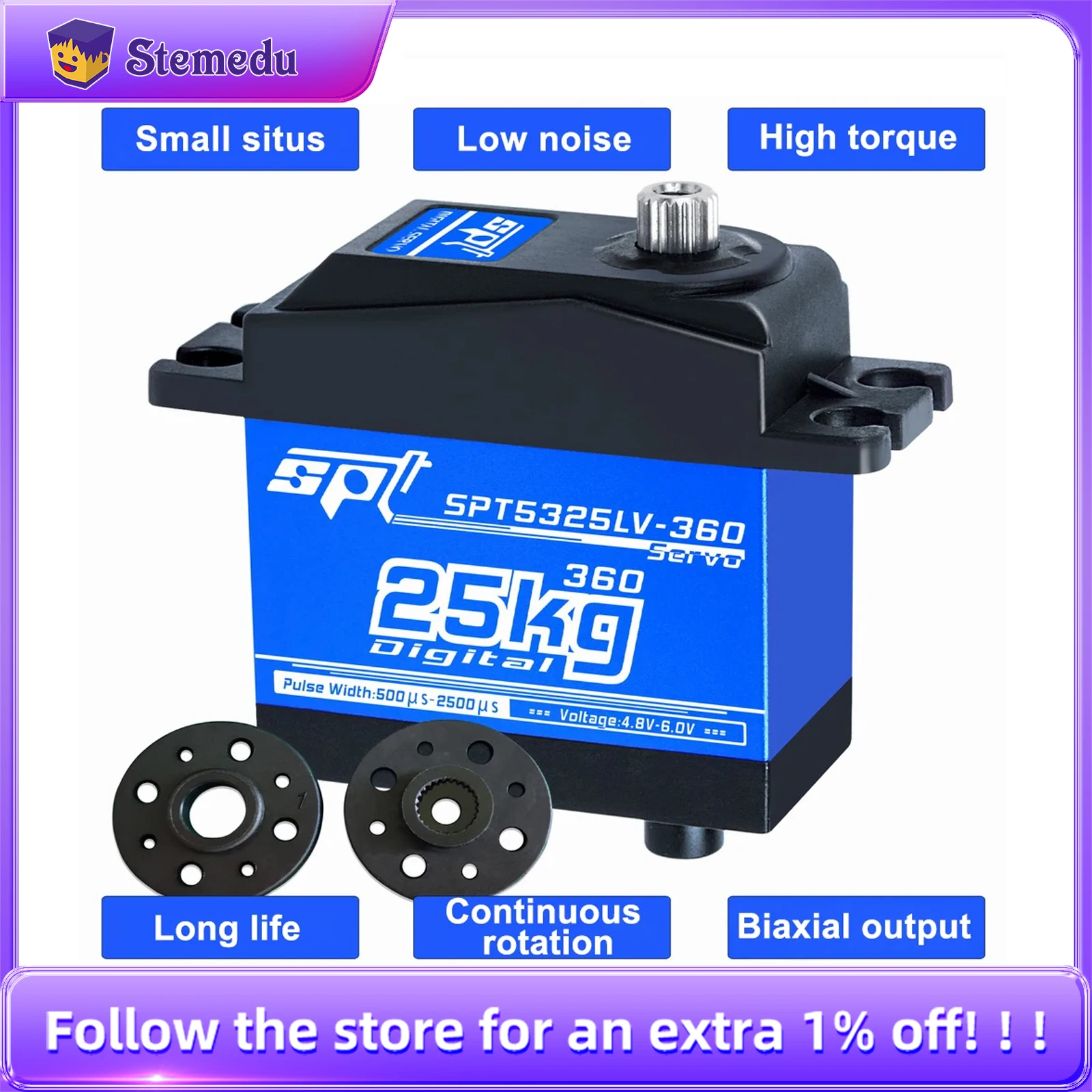 SPT5325LV 360 Degree Continuous Rotation 25KG Digital Metal Gear Double Axis Servo 4.8-6V for Arduino RC Robot DIY Model Parts