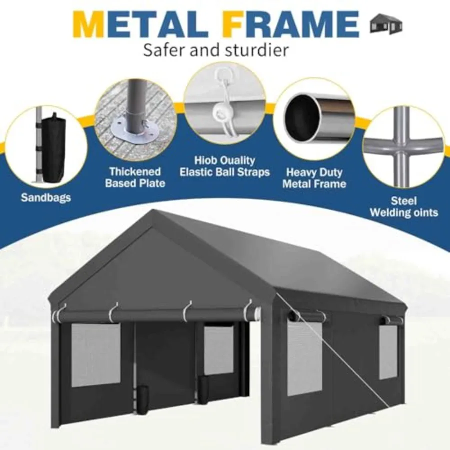 12x20 ft Carport, Heavy Duty Carport with Roll-up Windows, Portable Garage with Removable Sidewalls and Doors, Car Canopy with