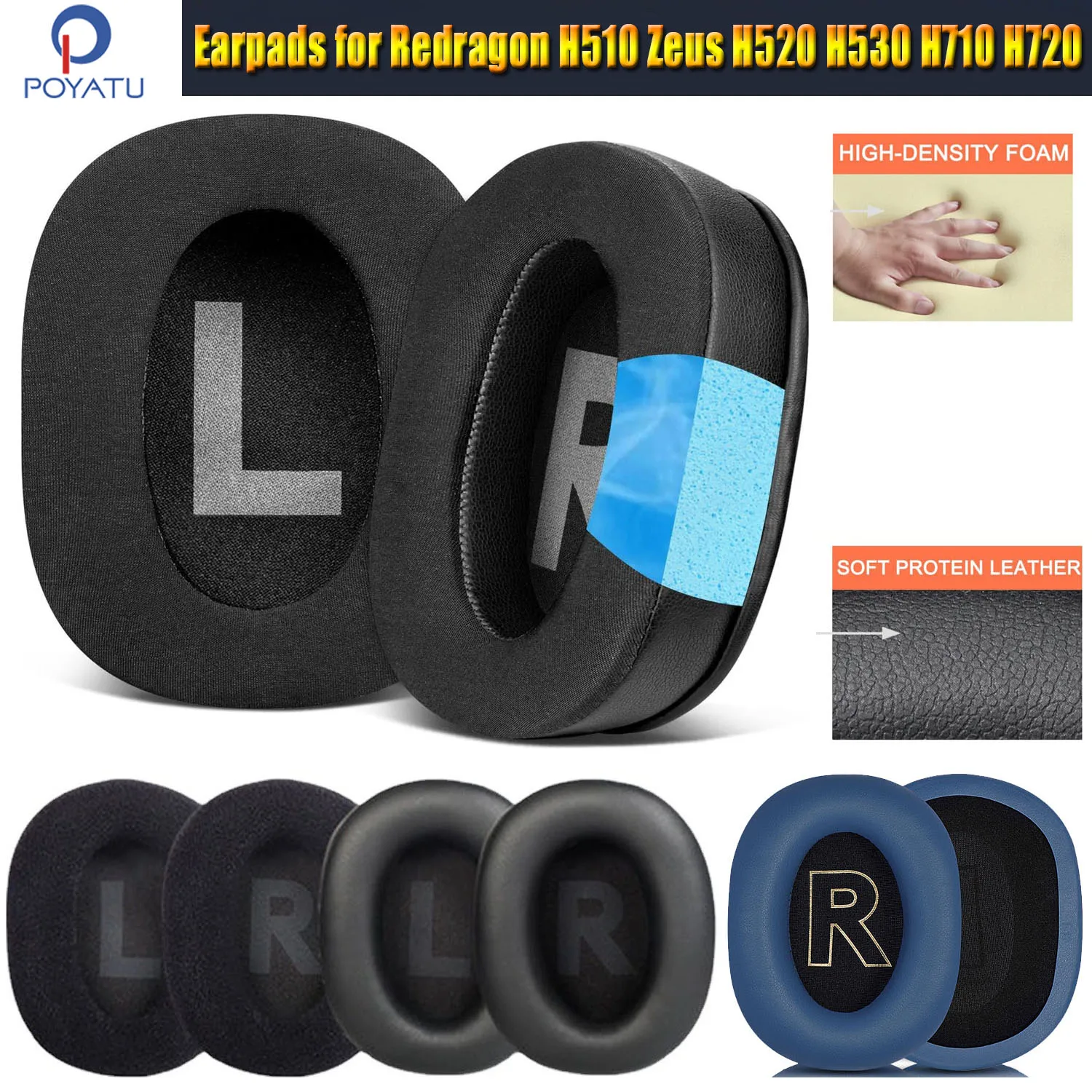 Poyatu almofadas para redragon h510 zeus h520 h530 h710 h720 fones de ouvido almofadas de espuma de memória almofadas earmuff & caso de fone de ouvido